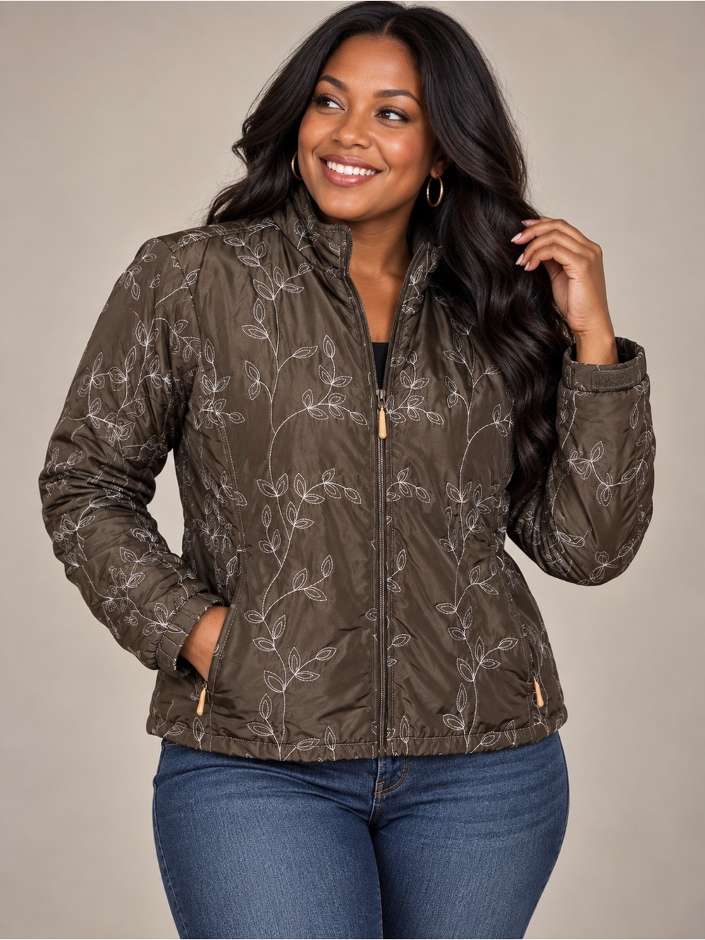Eddie Bauer Women’s L Brown Embroidered Floral Vine Jacket Fleece Lined